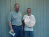 Organizer Marc St.Sauveur (left) presents the multi signature riddled NAMM cymbal to auction winner Tim Martin (right).